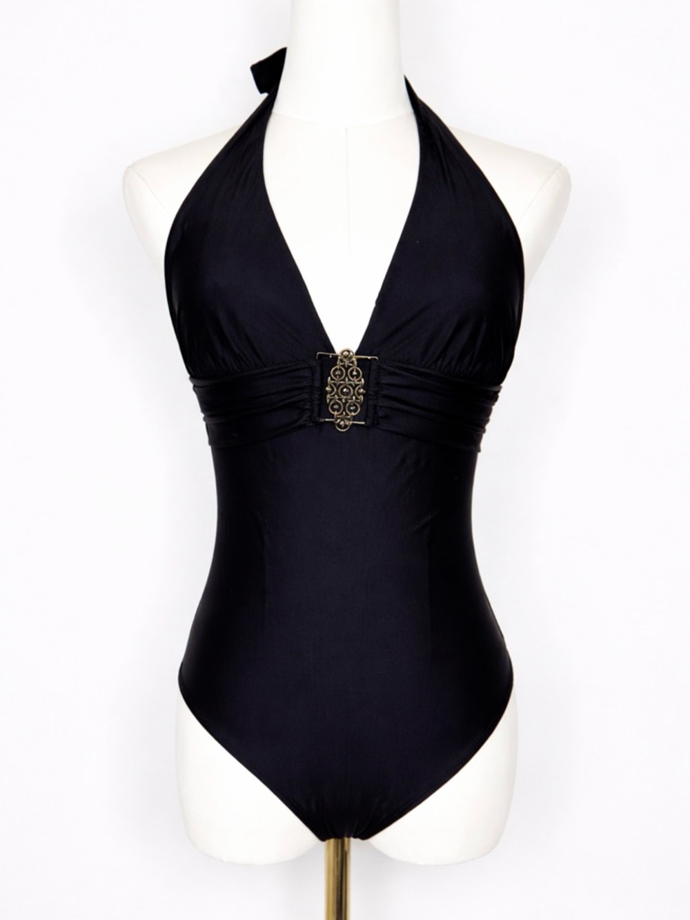 Tara Grinna Black Halter One Piece Swimsuit Size 4 Gold Detail